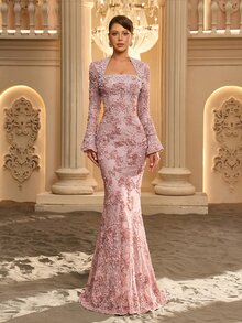 Glamrae Square Neck Flounce Sleeve Sequin Formal Dress - Dusty Pink - View 7
