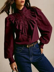 CielaLinda Schiffy Insert Ruffle Trim Lantern Sleeve Shirt - Burgundy - View 1