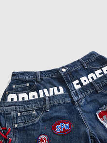 ROMWE Avant Plus Letter Graphic Ripped Raw Hem Denim Shorts Concert Club Blue Anti Social Baggy - Blue - View 3
