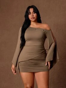 Rustia Plus Grommet Asymmetrical Neck Split Sleeve Top Bodycon Skirt Set Club Party Khaki Summer Sexy - Brown - View 4