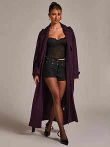 SHEIN BAE Lapel Neck Double Breasted Belted Overcoat - Red Violet - View 5