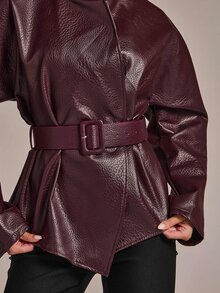 SHEIN BAE Solid Belted PU Leather Jacket - Burgundy - View 8