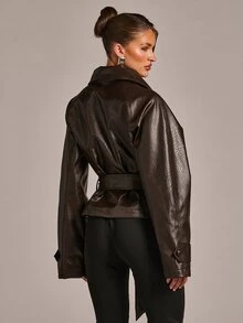 SHEIN BAE Collared Belted PU Leather Trench Coat - Chocolate Brown - View 2