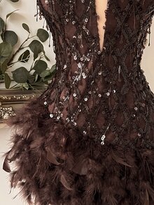 Lovelzi Elegant Coffee Brown Sequin Embroidered Feather Fringe Strapless Sweetheart Corset A Line Short Mini Prom Homecoming Cocktail Formal Evening Dress - Coffee Brown - View 6
