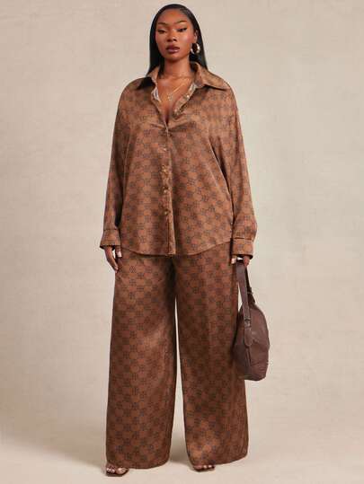 Radiana Plus Allover Print Drop Shoulder Shirt & Wide Leg Pants
