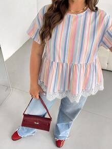 Shapeblank Plus 1pc Striped Print Lace Trim Peplum Blouse - Multicolor - View 4
