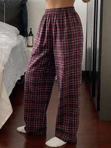DAZY Plaid Print Elastic Waist Lounge Pants - Red - View 1