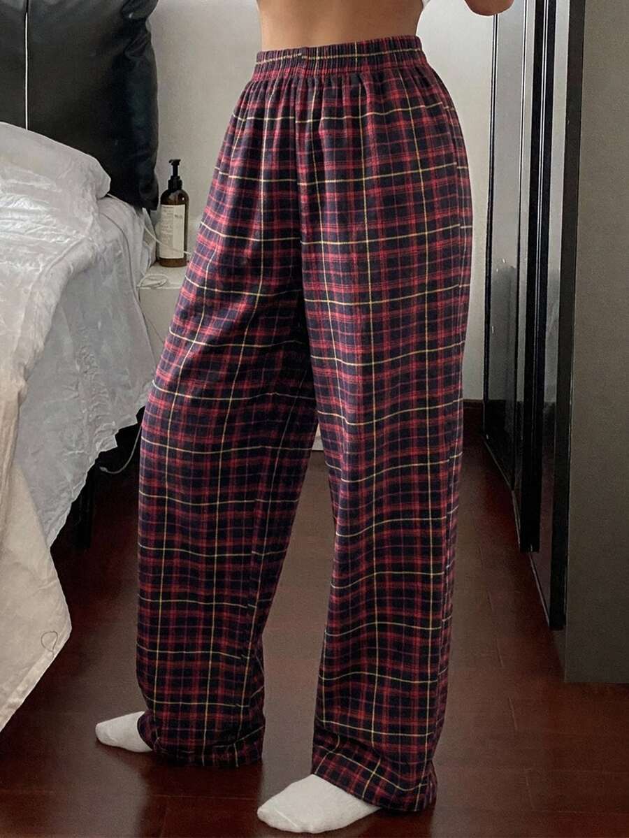 DAZY Plaid Print Elastic Waist Lounge Pants - Red - View 1