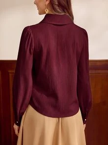 Vintamour 花卉刺繡前開扣襯衫 - 酒紅色 - 查看 7