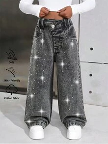 SHEIN Elladie kids 少女高腰寬腿牛仔褲 - 黑色 - 查看 1