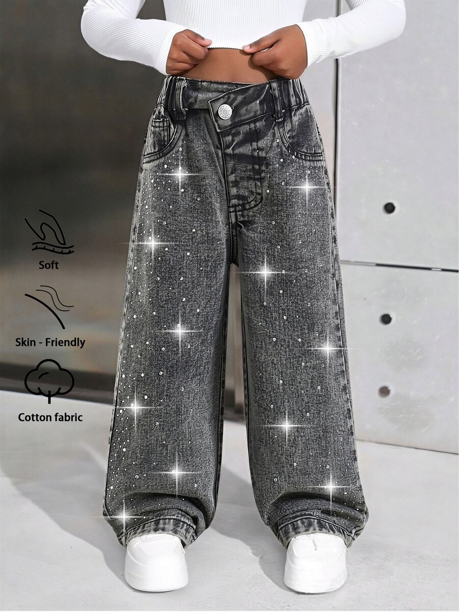 SHEIN Elladie kids 少女高腰寬腿牛仔褲 - 黑色 - 查看 1
