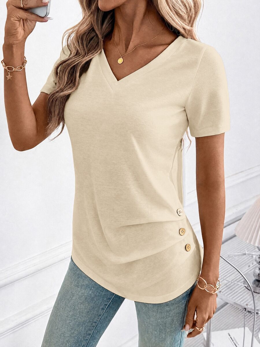 SHEIN Clasi Camiseta de cuello en V con detalle de botones de color sólido - Albaricoque - Ver 1