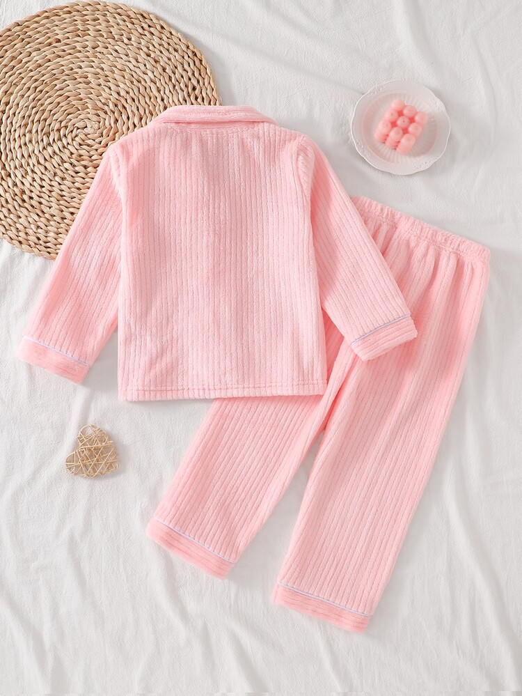 Young Girl Flap Pocket Contrast Piping PJ Set Autumn - Baby Pink - View 2