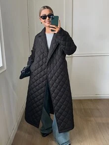 DAZY Lapel Neck Slant Pocket Belted Quilted Coat Jacket - Black - View 3