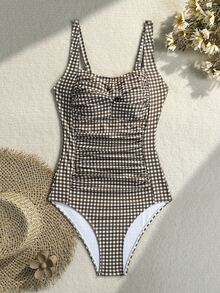 SHEIN Swim 棕色抓皺連身泳衣，海灘度假夏季歐風熱帶風 - 棕色 - 查看 4