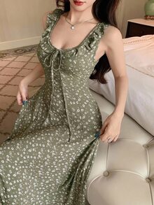 DAZY Ditsy Floral Ruffle Trim Drawstring Front Sleep Dress - Green - View 5