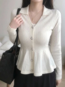 DAZY Solid Button Through Peplum Cardigan Fall Long Sleeve Tops - White - View 4
