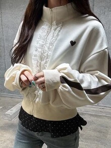 FRIFUL Sweatshirt Bermotif Hati dengan Hiasan Ruffle, Bahu Longgar, dan Resleting, Cocok untuk Musim Gugur, Sehari-hari di Sekolah, Warna Putih Gading, Lucu, dan Romantis. - Aprikot - View 2