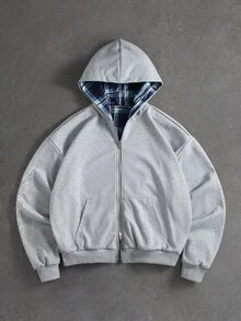 ROMWE MEN Street Life Men Plaid Zip Up Hooded Jacket - Grey - View 7