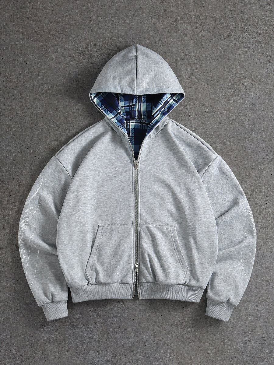 ROMWE MEN Street Life Men Plaid Zip Up Hooded Jacket - Grey - View 1