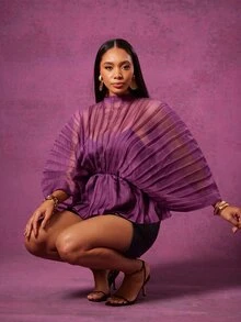 Vixey Funnel Neck Batwing Sleeve Pleated Peplum Hem Semi-Sheer Top - Violet Purple - View 3