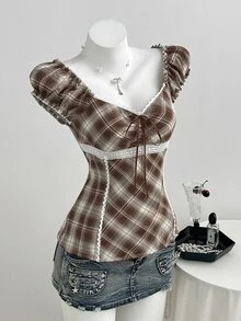 Elamini Plaid Print Lace Trim Knot Front Blouse - Brown - View 3