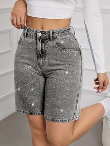 SHEIN Tall 水鑽裝飾牛仔短褲 - 淺灰色 - 查看 7