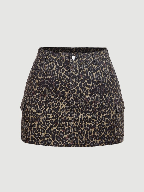 SHEIN MOD تنورة جينز بطبعة نمر مع جيب بغطاء مقاس كبير