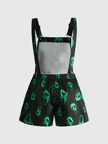 ROMWE Fairycore Plus Ghost Face Print Overall Without Top - Green - View 2