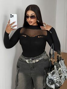 Maweii Plus Contrast Fishnet Mock Neck Top - Black - View 1