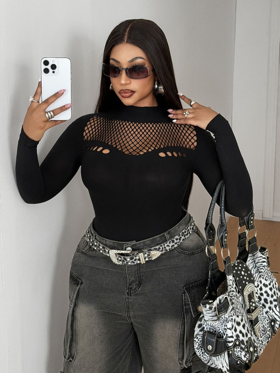 Maweii Plus Contrast Fishnet Mock Neck Top - Black - View 1