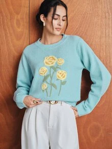 Anewsta Women's Minimalist Baby-Blue Sweater With Yellow Floral Embellishments – Elegant Modern Style Women Sweaters - Blue - View 6