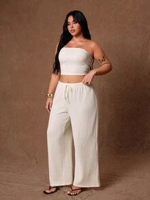 Rustia Ditambah atasan tube crop polos & celana lebar. - Aprikot - View 3
