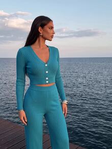 Sirith Ribbed Knit Button Front Cardigan & Knit Pants - Blue - View 6