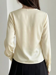 DAZY Solid Tie Neck Button Through Blouse - White - View 2