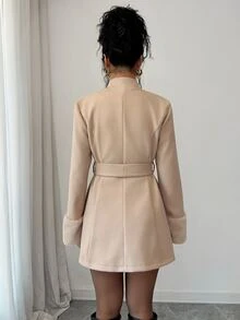 Elenzga Patchwork Faux‑Fur With Side Pockets  Belted Overcoat Office Beige Autumn Elegantrueu - Khaki - View 2