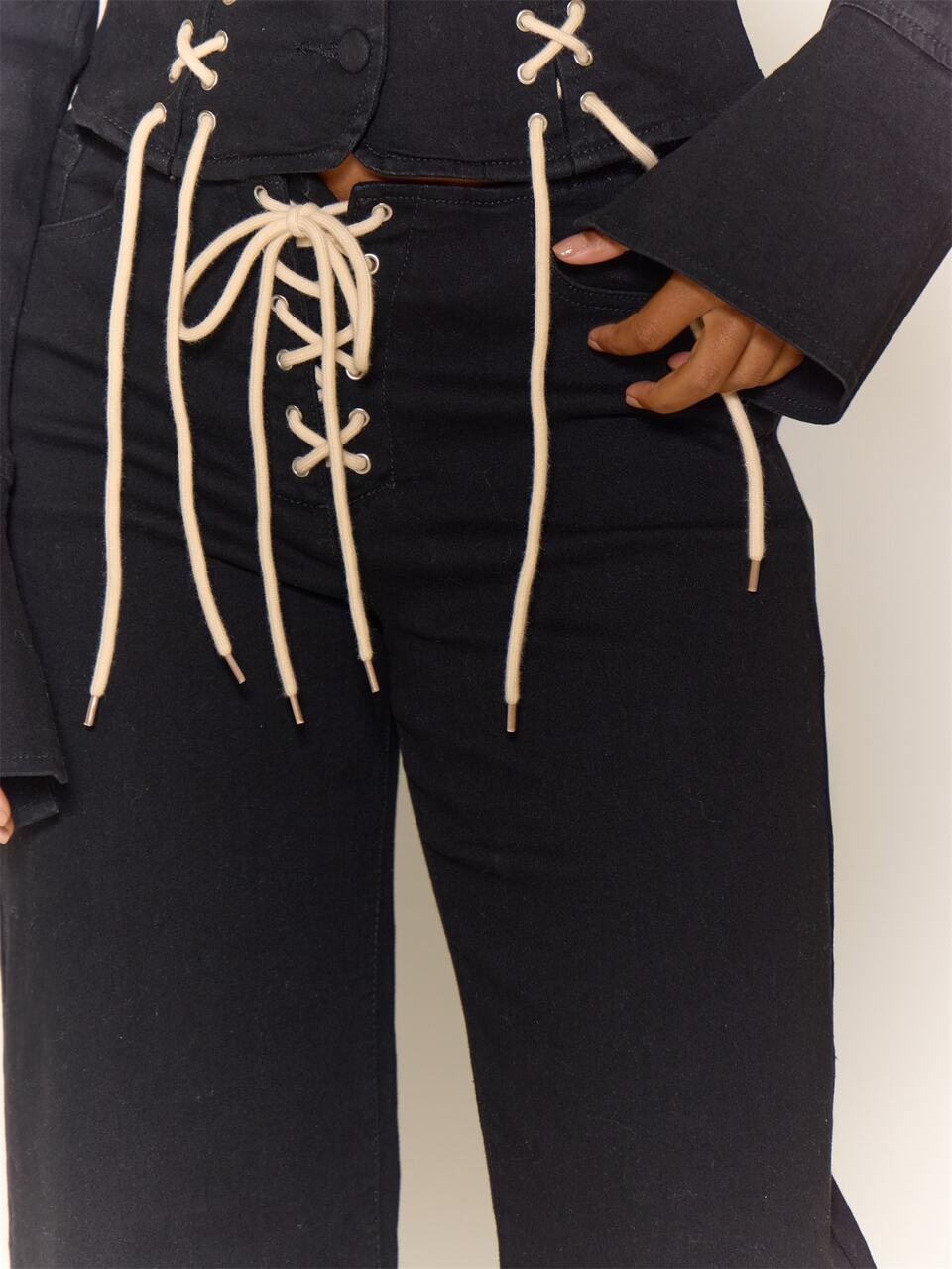 Black Wash Denim Lace Up Fly Wide Leg Jeans