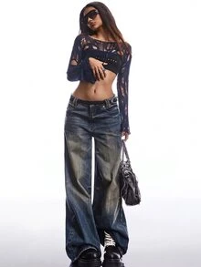 LYSMO Sexy Solid Ripped Super Crop Sweater Without Tube Top - Navy Blue - View 3