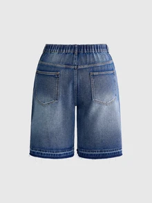 ROMWE Grunge Punk Shorts de mezclilla con detalle de strass lavados talla grande - Azul - Ver 2
