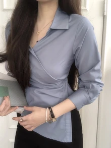 DAZY Solid Asymmetrical Hem Wrap Placket Shirt - Blue - View 4