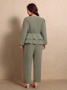 Elaquor Plus Size Solid Surplice Neck Lantern Sleeve Peplum Top & Pants Set Elegant Office Work Set For Women Fall/Winter Casual Daily Going Out Set For Women - Green - View 2