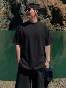 DAZY Camiseta de hombro caído de color sólido para hombres - Negro - Ver 7