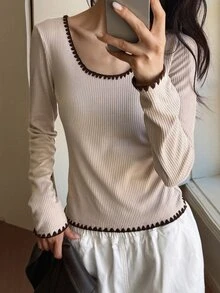 Livesso Contrast Trim Ribbed Knit Tee - Khaki - View 6