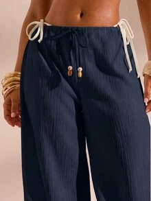 Opulessa Drawstring Waist Cover Up Pants - Navy Blue - View 7