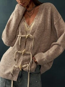 Bohemela Áo cardigan dáng duffle vai trễ - Màu Khaki - Xem 3