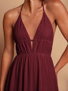 Travachic Tie Backless Split Thigh Halter Dress - Redwood - View 4