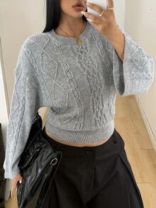 POPSWAY Plus Size Solid Cable Knit Drop Shoulder Crop Sweater Winter - Grey - View 1