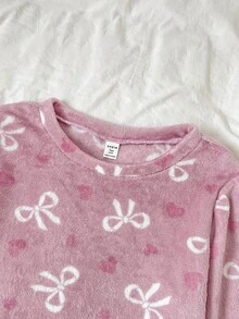 SHEIN Teen Girl Fall Winter Bow Heart Pattern Flannel Pajamas Set - Dusty Pink - View 5