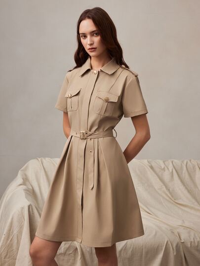 Zovinel Trench-coat slim pour femme kaki avec boutons métalliques et boucle, style romantique élégant automne/hiver, look décontracté Old Money pour femme, tenue formelle d'enseignante