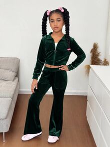 SHEIN 青少年女孩連帽衫與運動衫套裝 - 綠色 - 查看 4